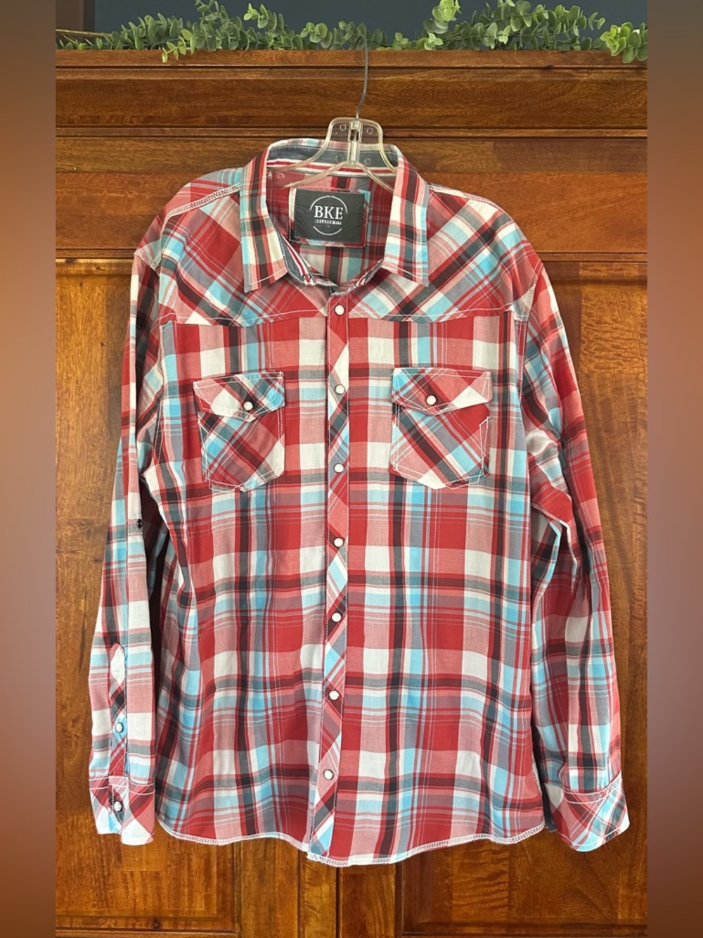 BKE Red and Light Blue Plaid Western Button-Down Shirt